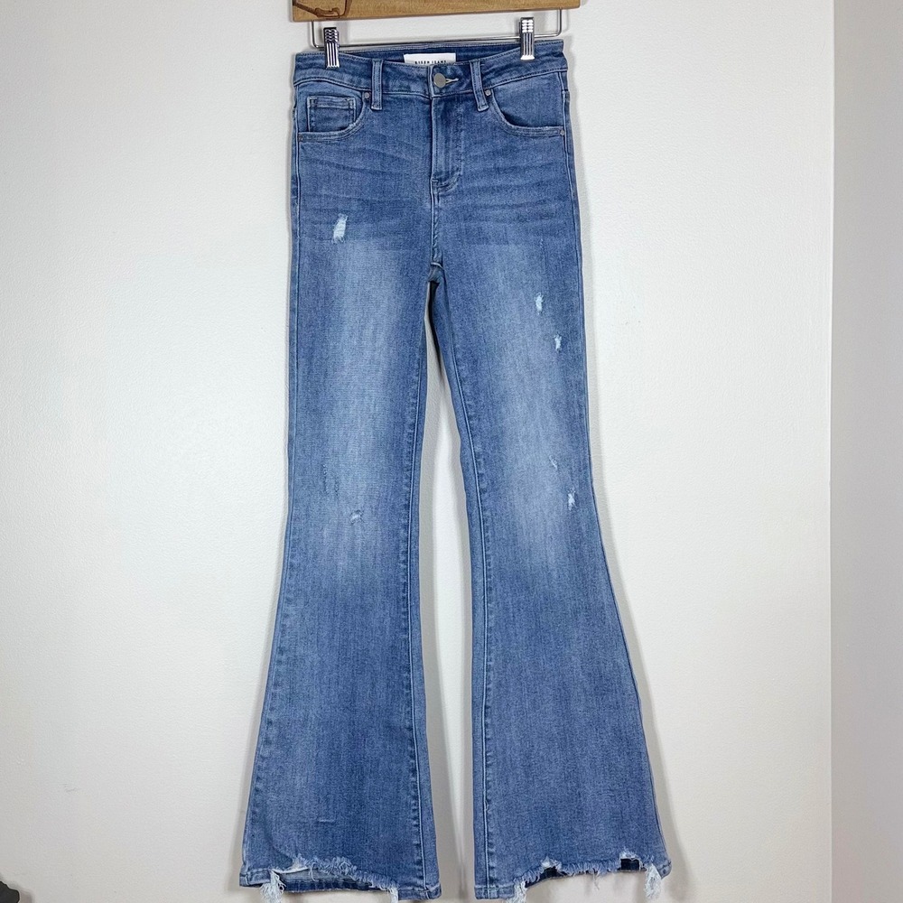 Risen Women Flare Jeans Size 1/25 Blue Distressed High Rise Raw Hem Western Boho